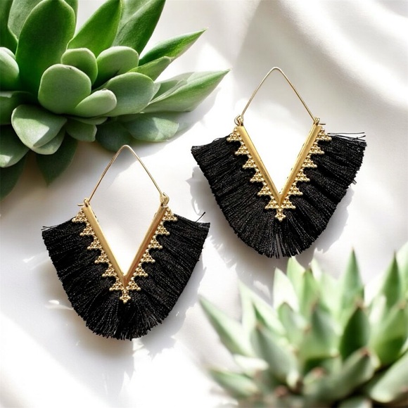 Boho Chic Black Tassel Earrings on Gold Tone - Picture 5 of 6